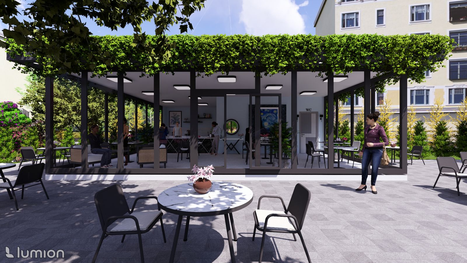Park kafeterya ve yeşil çardak peyzaj uygulaması