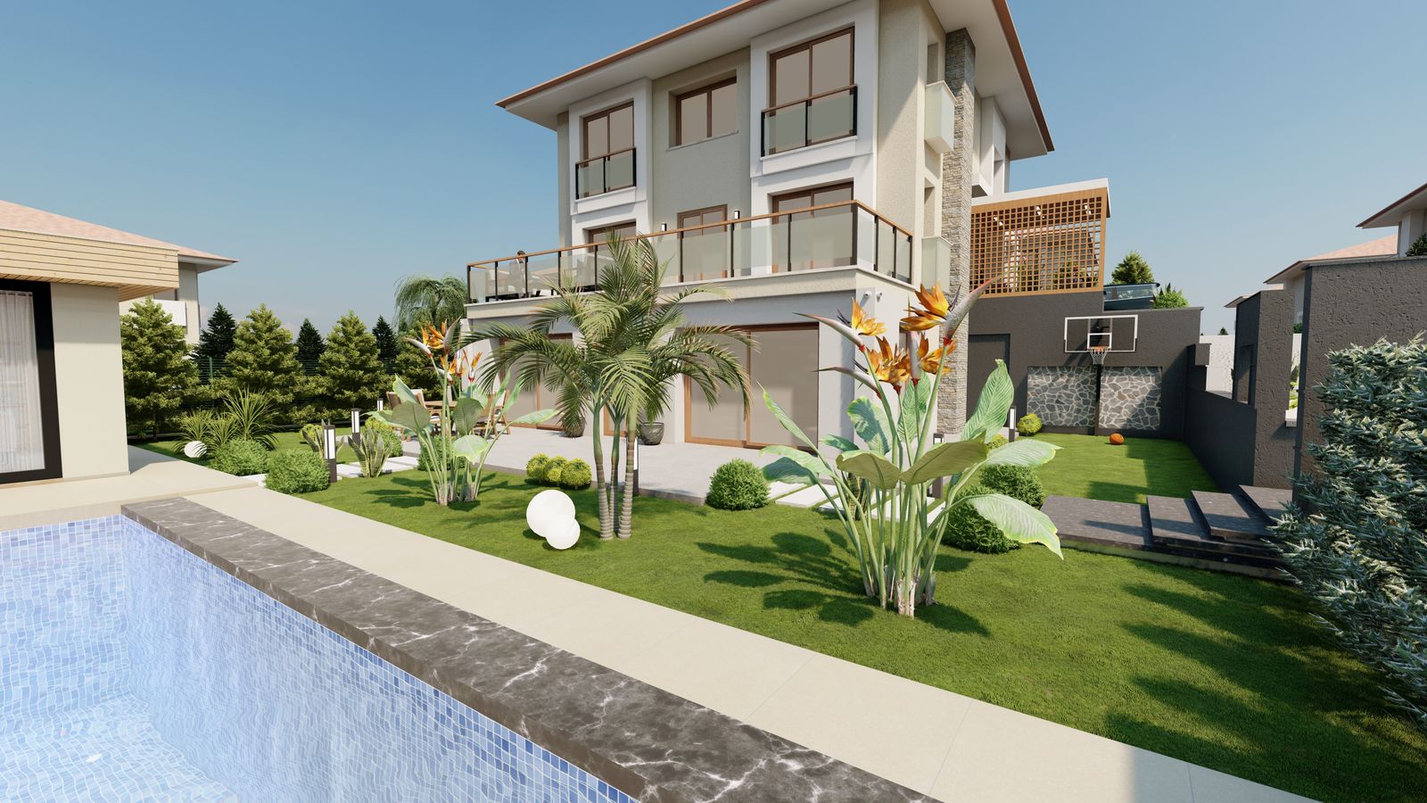 Villa bahçe havuzu ve çevre düzenlemesi